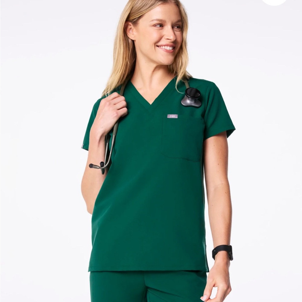 Figs Green V-Neck Scrub Top with Chest Pocket